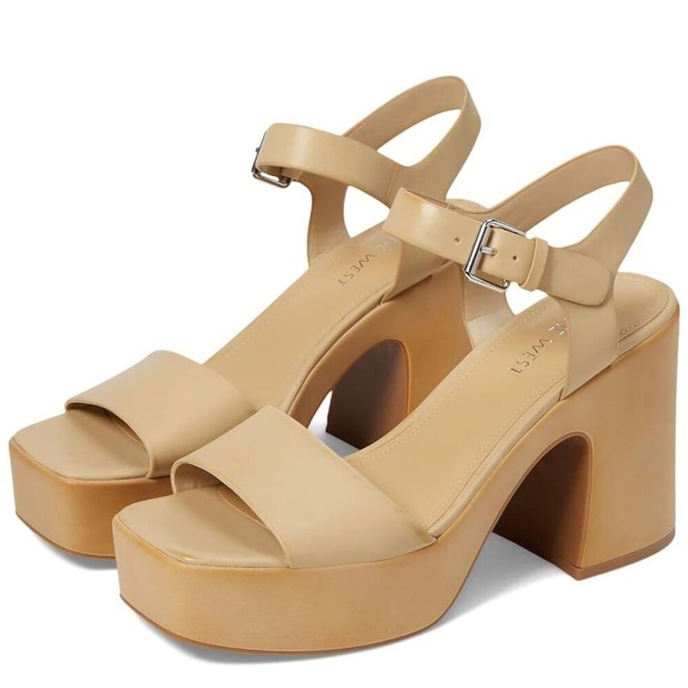 Nine West Platform Sandals 12 Block Heel Wedding Event Neutral Chic Tan Beige
